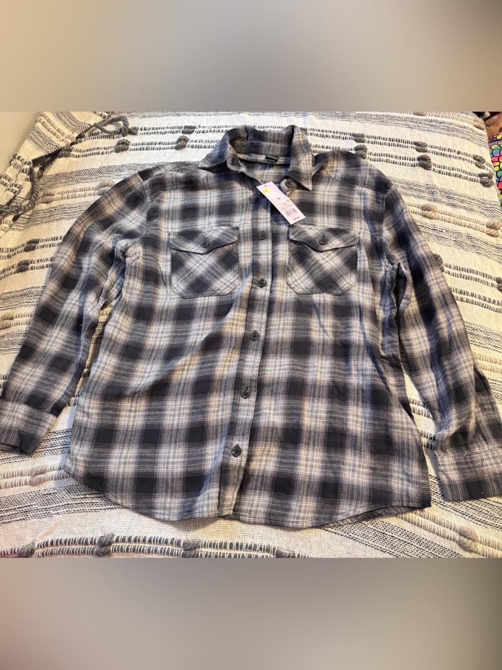 Women’s Oversized Gray Plaid Button-Up Shirt, with pockets